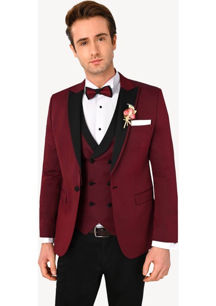 Erkek Bordo Kırlangıç Yaka Yelekli Slim Fit Desenli Damatlık