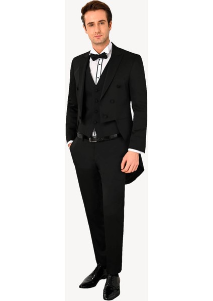 Erkek Siyah Slim Fit Frag Kırlangıç Yaka Damatlık