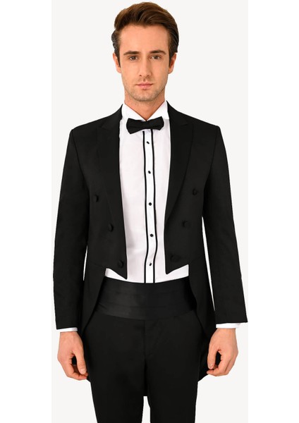 Erkek Siyah Slim Fit Frag Kırlangıç Yaka Damatlık modelleri