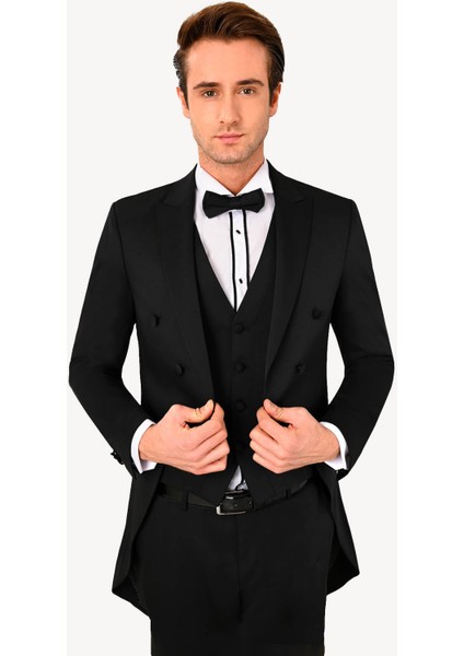 Erkek Siyah Slim Fit Frag Kırlangıç Yaka Damatlık fırsatları