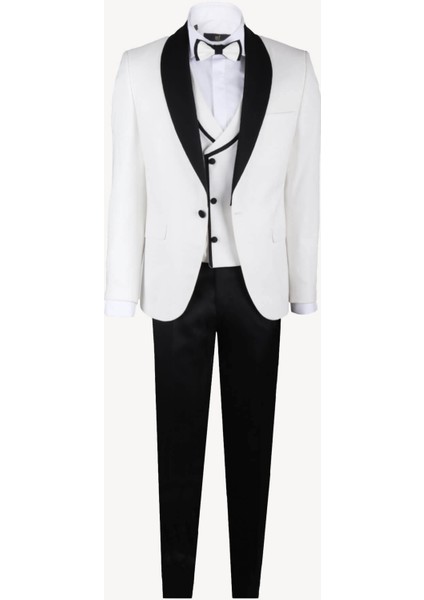 Erkek Krem Slim Fit Yelekli Çıkma Şal Yaka Damatlık