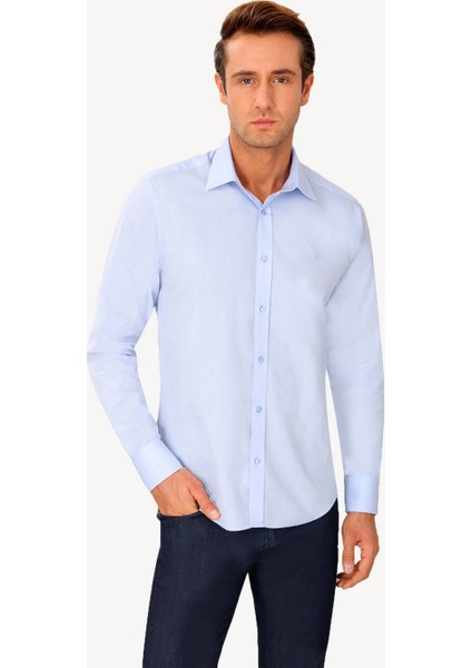 Erkek Mavi Uzun Kol Slim Fit Puantiyeli Gömlek