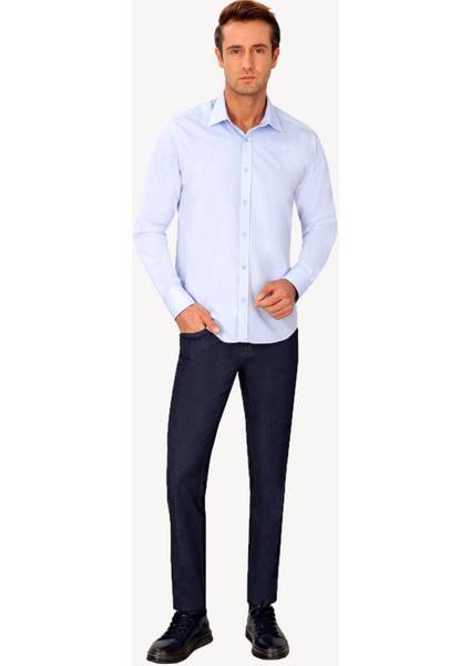 Erkek Mavi Uzun Kol Slim Fit Puantiyeli Gömlek fiyatları