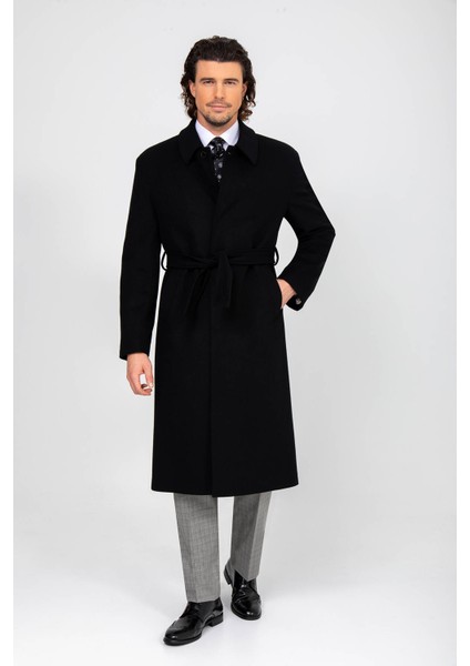 Erkek Siyah Regular Fit Kaşmir Uzun Kuşaklı Palto