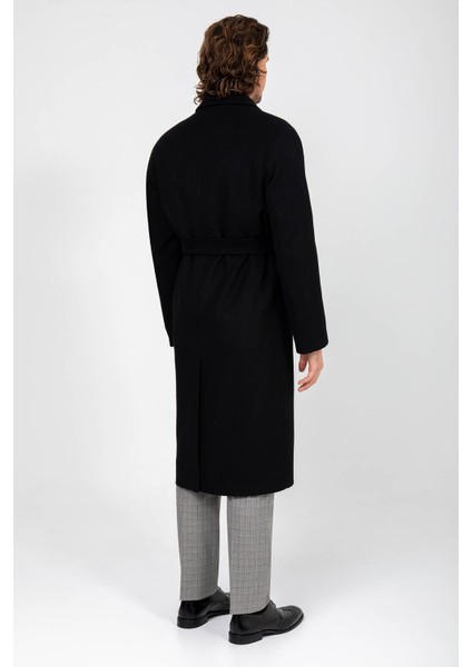 Erkek Siyah Regular Fit Kaşmir Uzun Kuşaklı Palto indirimleri