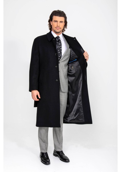 Erkek Siyah Regular Fit Kaşmir Uzun Kuşaklı Palto