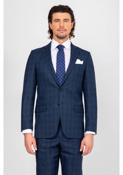 Erkek Lacivert Regular Fit Kareli Çift Yırtmaçlı Takım Elbise modelleri