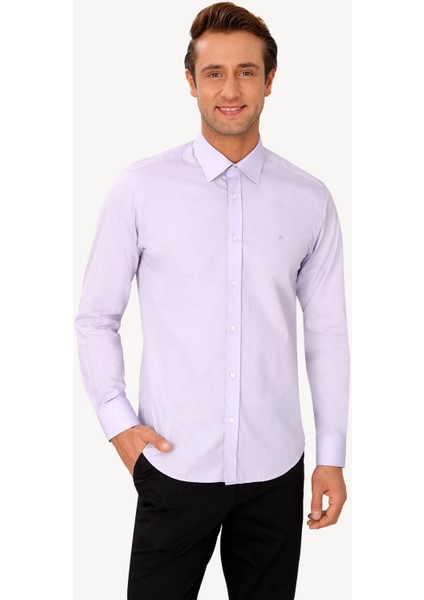 Erkek Lila Yarım İtalyan Slim Fit Uzun Kol Gömlek