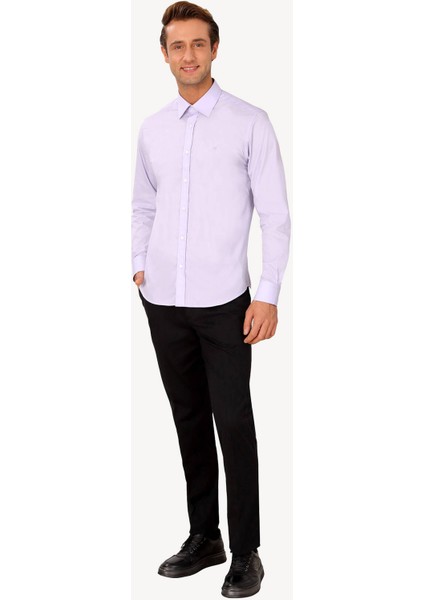 Erkek Lila Yarım İtalyan Slim Fit Uzun Kol Gömlek fiyatları