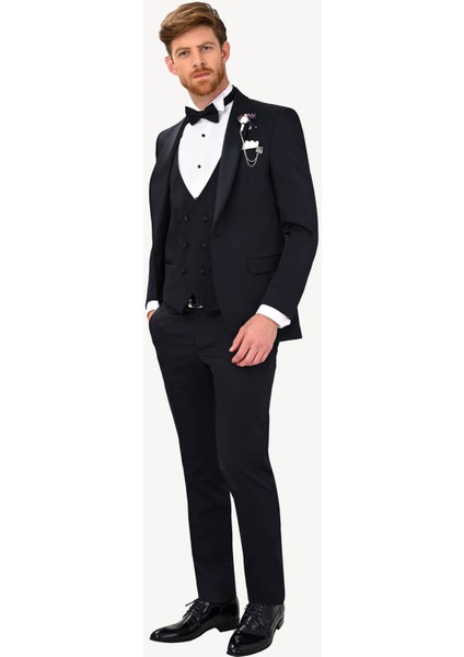 Erkek Lacivert Şal Yaka Yelekli Slim Fit Damatlık