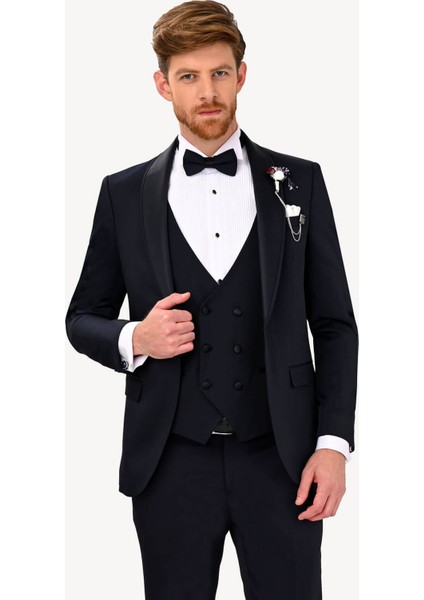 Erkek Lacivert Şal Yaka Yelekli Slim Fit Damatlık fiyatları