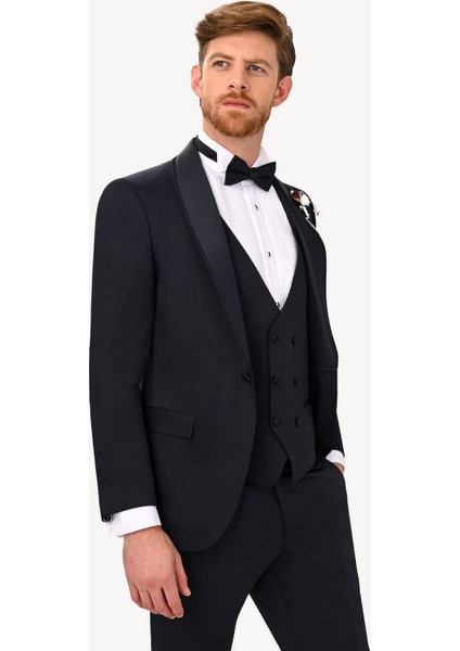 Erkek Lacivert Şal Yaka Yelekli Slim Fit Damatlık modelleri