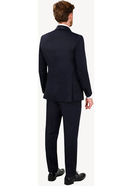Erkek Lacivert Şal Yaka Yelekli Slim Fit Damatlık