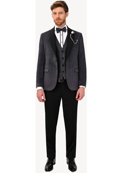 Erkek Gri Şal Yaka Yelekli Slim Fit Damatlık