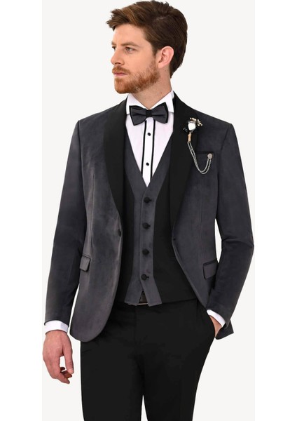 Erkek Gri Şal Yaka Yelekli Slim Fit Damatlık fiyatları