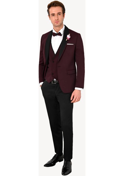 Erkek Bordo Slim Fit Yelekli Çıkma Şal Yaka Damatlık