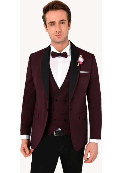 Erkek Bordo Slim Fit Yelekli Çıkma Şal Yaka Damatlık