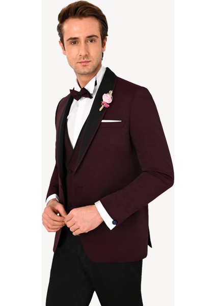 Erkek Bordo Slim Fit Yelekli Çıkma Şal Yaka Damatlık