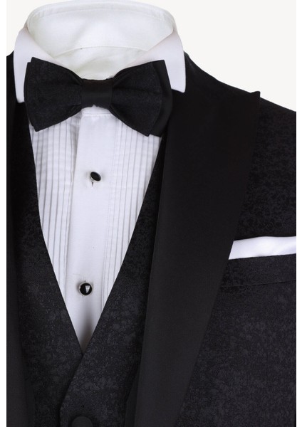 Erkek Siyah Kırlangıç Yaka Yelekli Desenli Slim Fit Damatlık modelleri