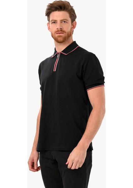 Erkek Siyah Fermuarlı Polo Yaka Regular Fit Tshirt