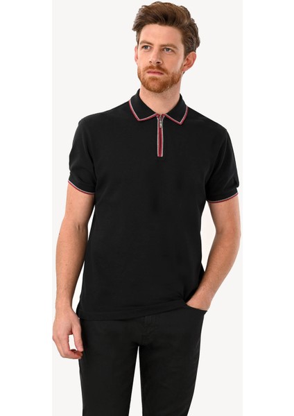 Erkek Siyah Fermuarlı Polo Yaka Regular Fit Tshirt fiyatları