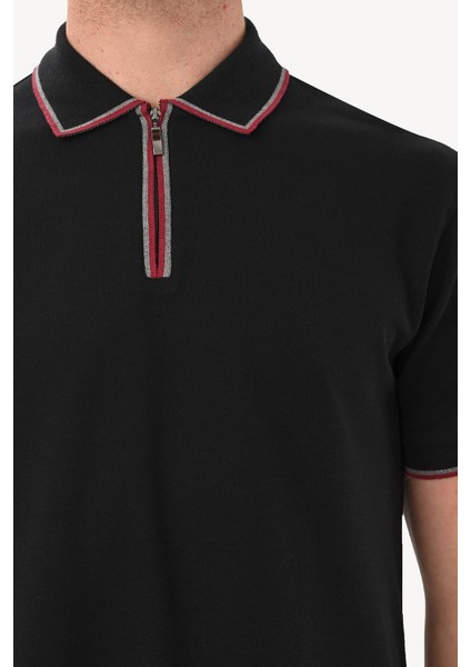 Erkek Siyah Fermuarlı Polo Yaka Regular Fit Tshirt fırsatları