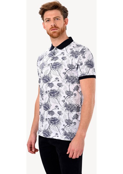 Erkek Beyaz Desenli Regular Fit Polo Yaka Tshirt