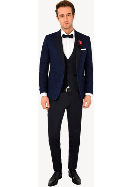 Erkek Lacivert Kırlangıç Yaka Yelekli Desenli Slim Fit Damatlık