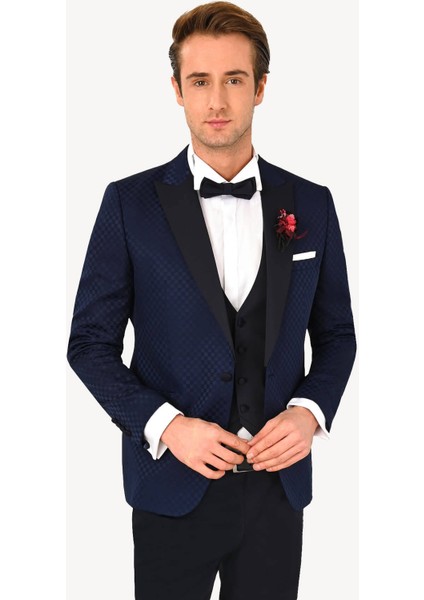Erkek Lacivert Kırlangıç Yaka Yelekli Desenli Slim Fit Damatlık fiyatları