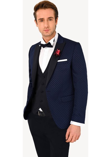 Erkek Lacivert Kırlangıç Yaka Yelekli Desenli Slim Fit Damatlık modelleri