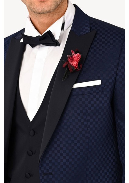Erkek Lacivert Kırlangıç Yaka Yelekli Desenli Slim Fit Damatlık fırsatları