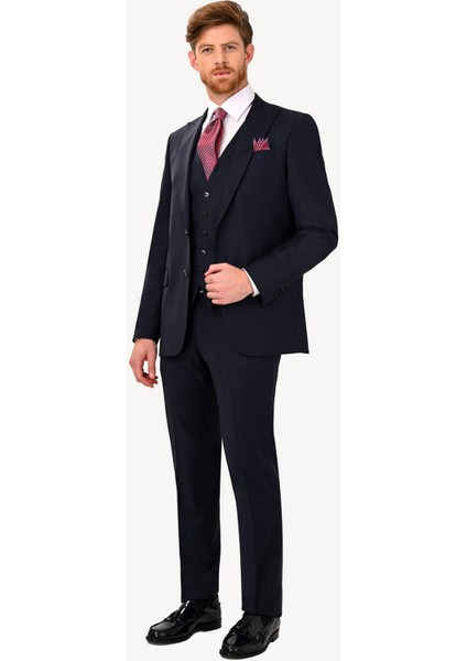 Erkek Koyu Lacivert Regular Fit Sivri Yaka Yelekli Takım Elbise
