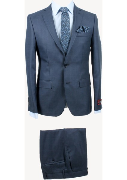 Erkek Lacivert Kareli Slim Fit Ekose Takım Elbise