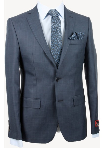 Erkek Lacivert Kareli Slim Fit Ekose Takım Elbise