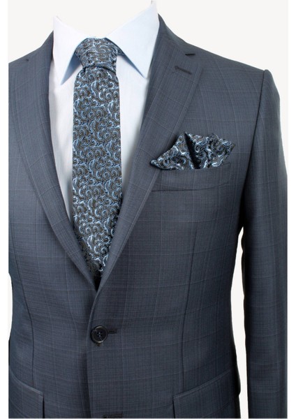 Erkek Lacivert Kareli Slim Fit Ekose Takım Elbise