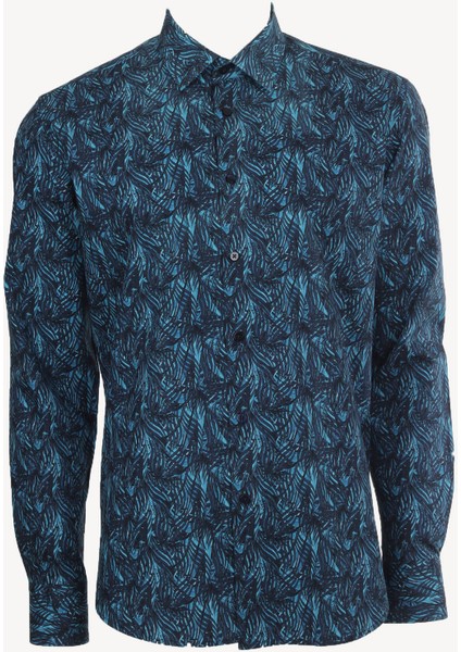 Erkek Turkuaz Slim Fit Desenli Uzun Kollu Gömlek