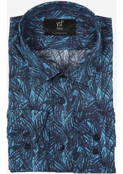 Erkek Turkuaz Slim Fit Desenli Uzun Kollu Gömlek modelleri