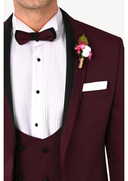 Erkek Bordo Çıkma Şal Yaka Slim Fit Damatlık