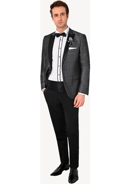 Erkek Siyah Slim Fit Kırlangıç Yaka Desenli Damatlık