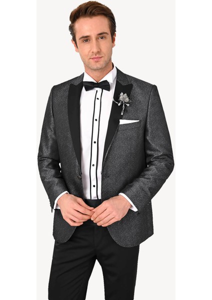 Erkek Siyah Slim Fit Kırlangıç Yaka Desenli Damatlık fiyatları