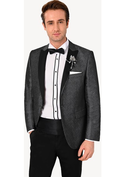 Erkek Siyah Slim Fit Kırlangıç Yaka Desenli Damatlık modelleri