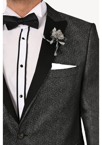 Erkek Siyah Slim Fit Kırlangıç Yaka Desenli Damatlık fırsatları