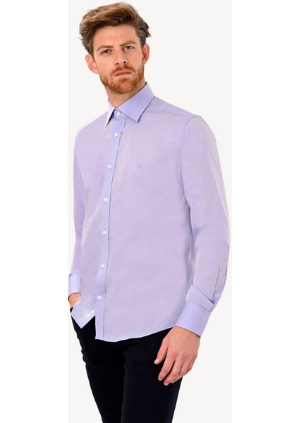 Erkek Lila Uzun Kol Slim Fit Saten Gömlek