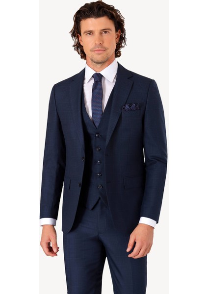 Erkek Lacivert Slim Fit Yelekli Kareli Desen Takım Elbise