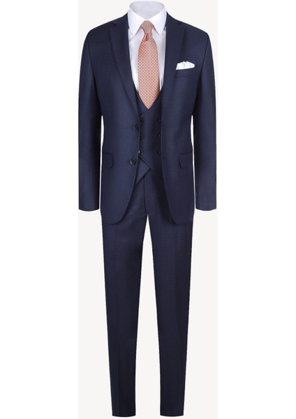 Erkek Lacivert Slim Fit Yelekli Kareli Takım Elbise