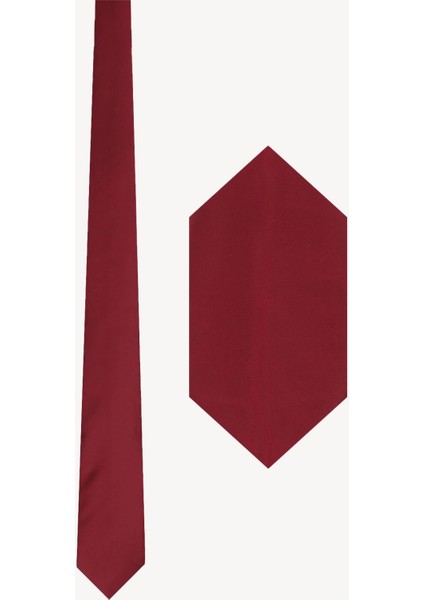Erkek Bordo Düz Slim Kravat Mendil Set