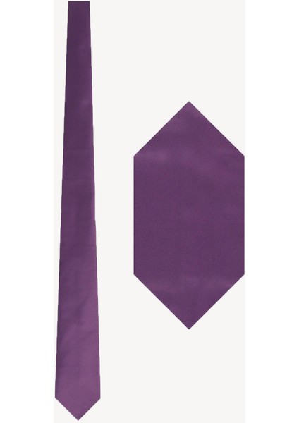 Erkek Mor Düz Slim Kravat Mendil Set
