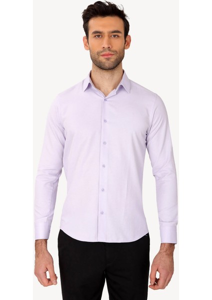 Erkek Lila Uzun Kol Puantiyeli Slim Fit Gömlek