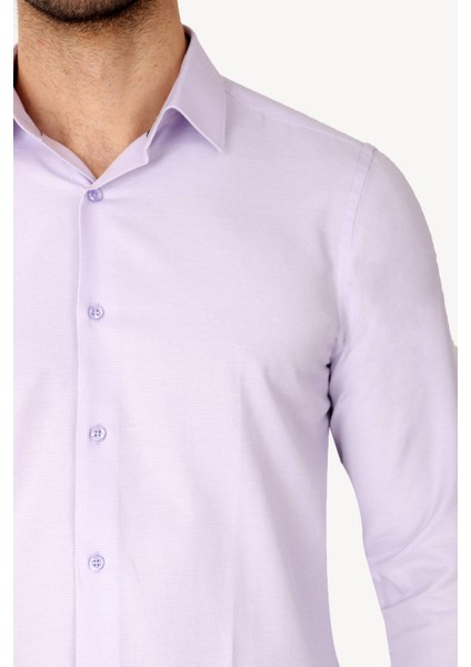 Erkek Lila Uzun Kol Puantiyeli Slim Fit Gömlek modelleri