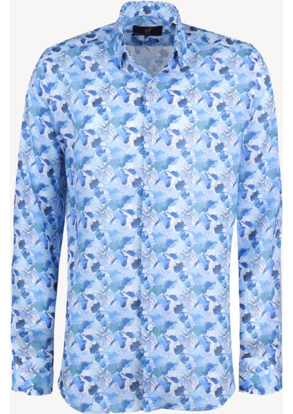 Erkek Mavi Slim Fit Keten Desenli Gömlek